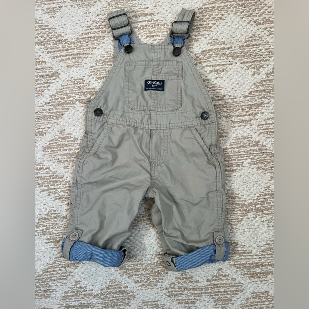 Oshkosh Khaki Overalls with blue seersucker linking and roll up pants